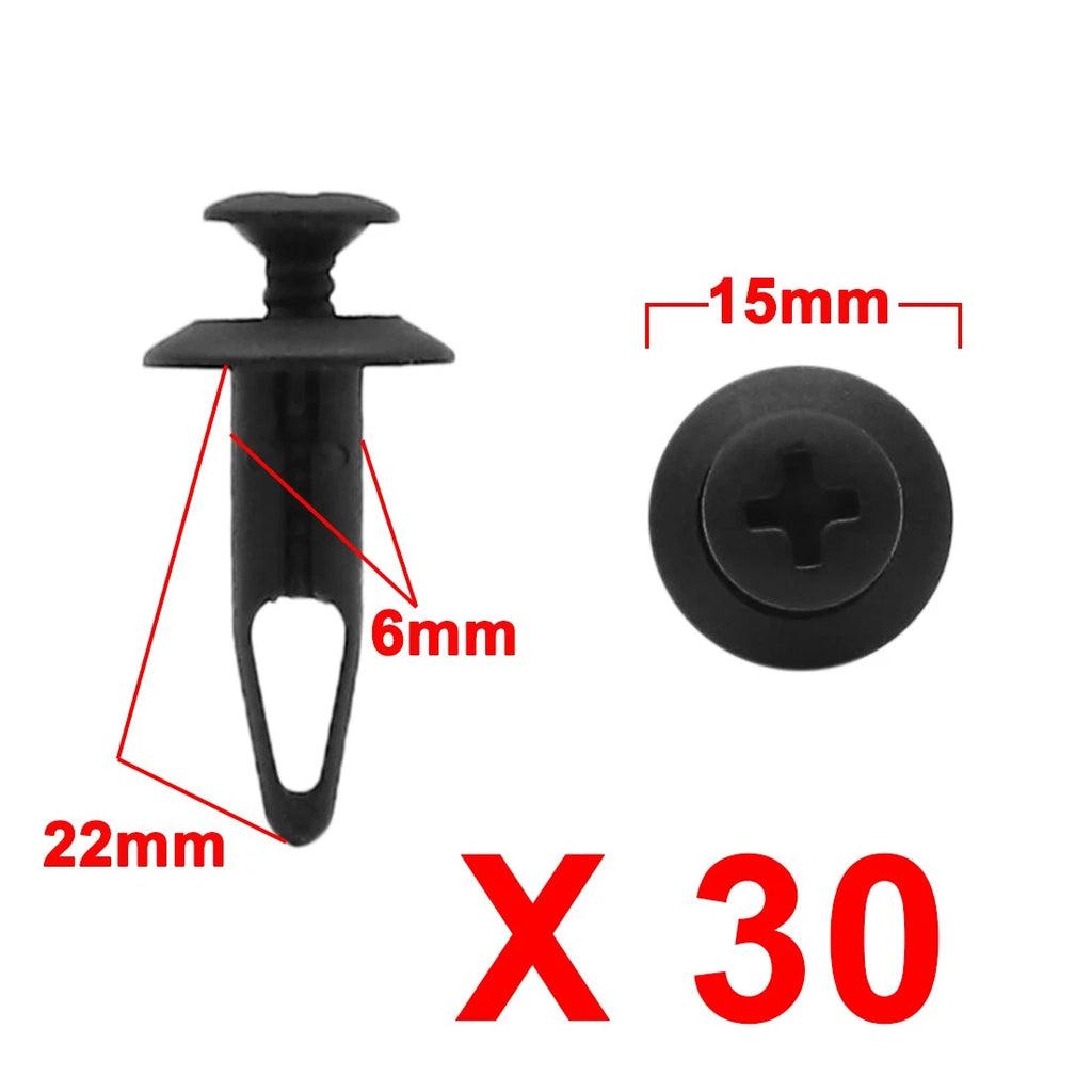 Push Type Clips Rivets Fastener Set for Toyota Car Trim Panel (6mm) (30pc) (2005–2015)