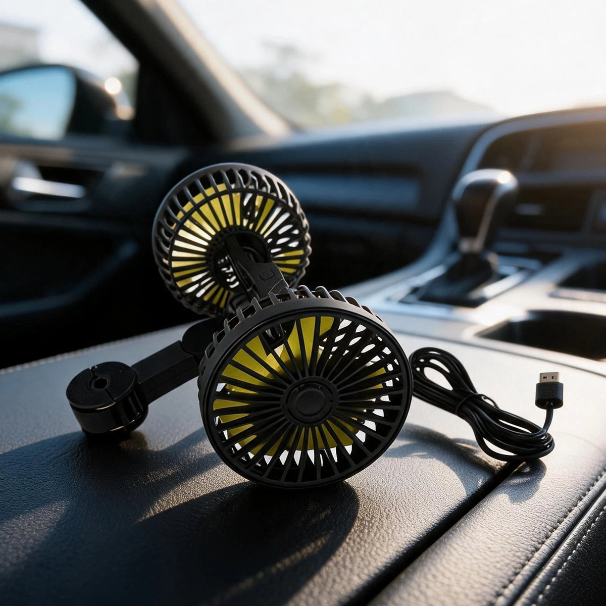 Dualhead USB Car Fan for Rear Seat Airflow Control (360 Degree Rotation)
