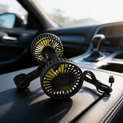 Dualhead USB Car Fan for Rear Seat Airflow Control (360 Degree Rotation)