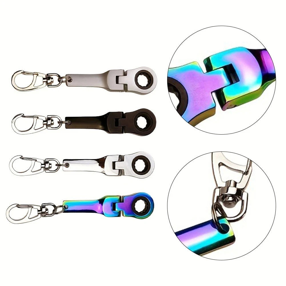 10mm Ratchet Wrench Keychain Tool for Universal Use (180° Rotatable, Matte Silver)