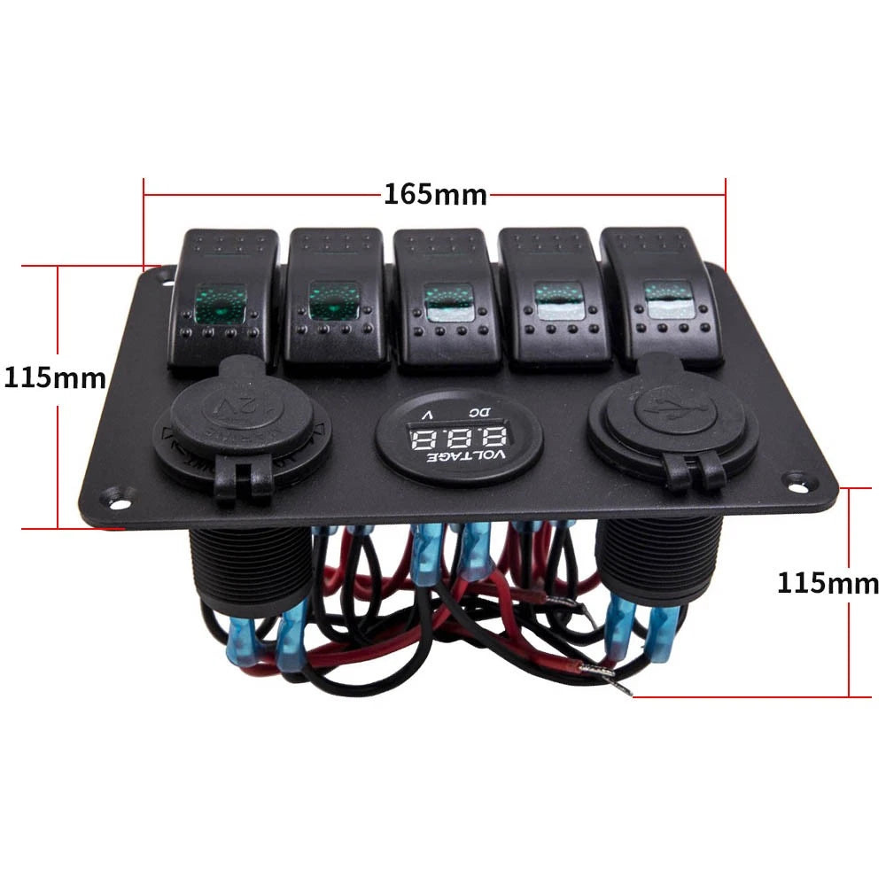 5 Gang LED Toggle Switch Panel with 2 USB Charger for Car Boat Marine
