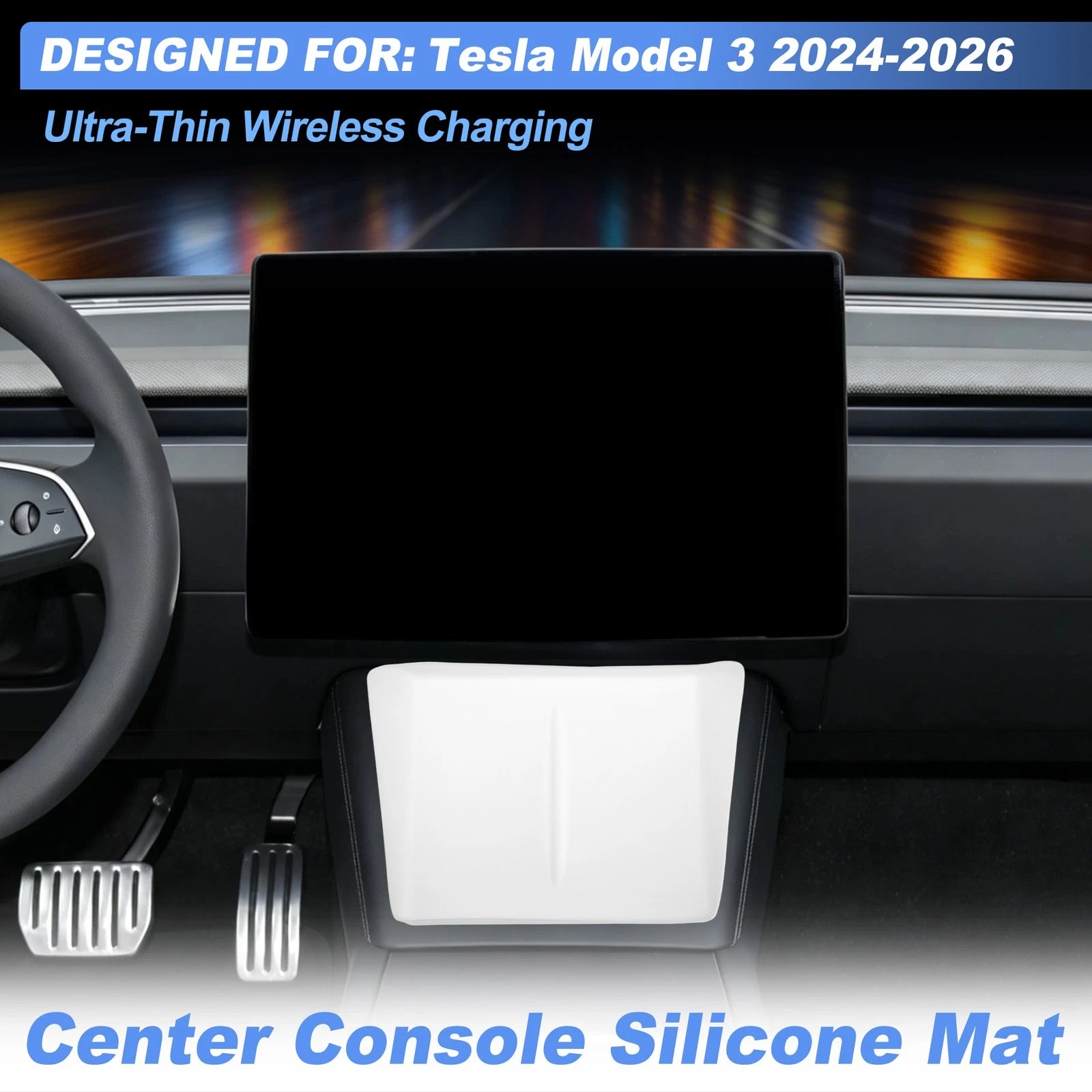 Center Console Silicone Mat for Tesla Model 3 (2024–2026) Wireless Charging Pad White