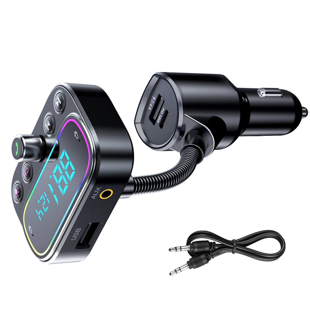 Bluetooth 5.0 FM Transmitter Adapter for Car with 2x USB & Type-C AUX