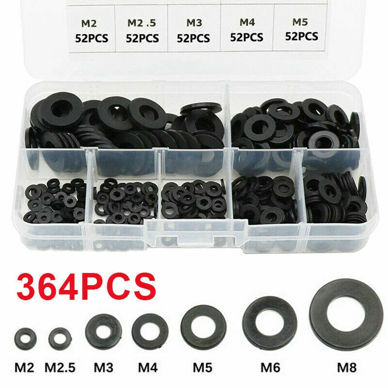 364 Pcs Black Nylon Rubber Flat Ring Washer Gaskets for Metric Bolts (M2-M8)