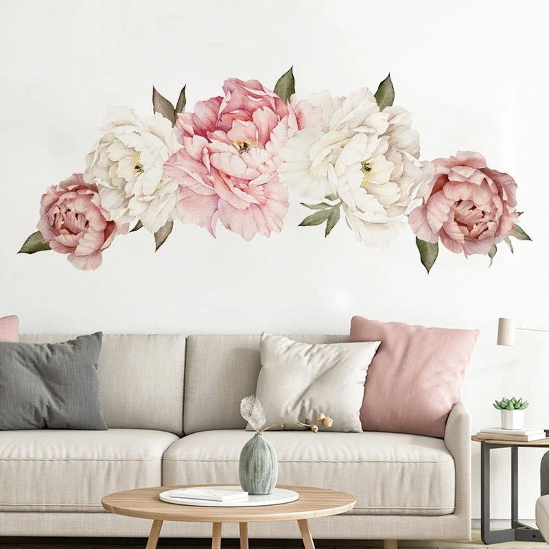 Peony Pink Rose Blossom Wall Stickers for Home Bedroom Decor