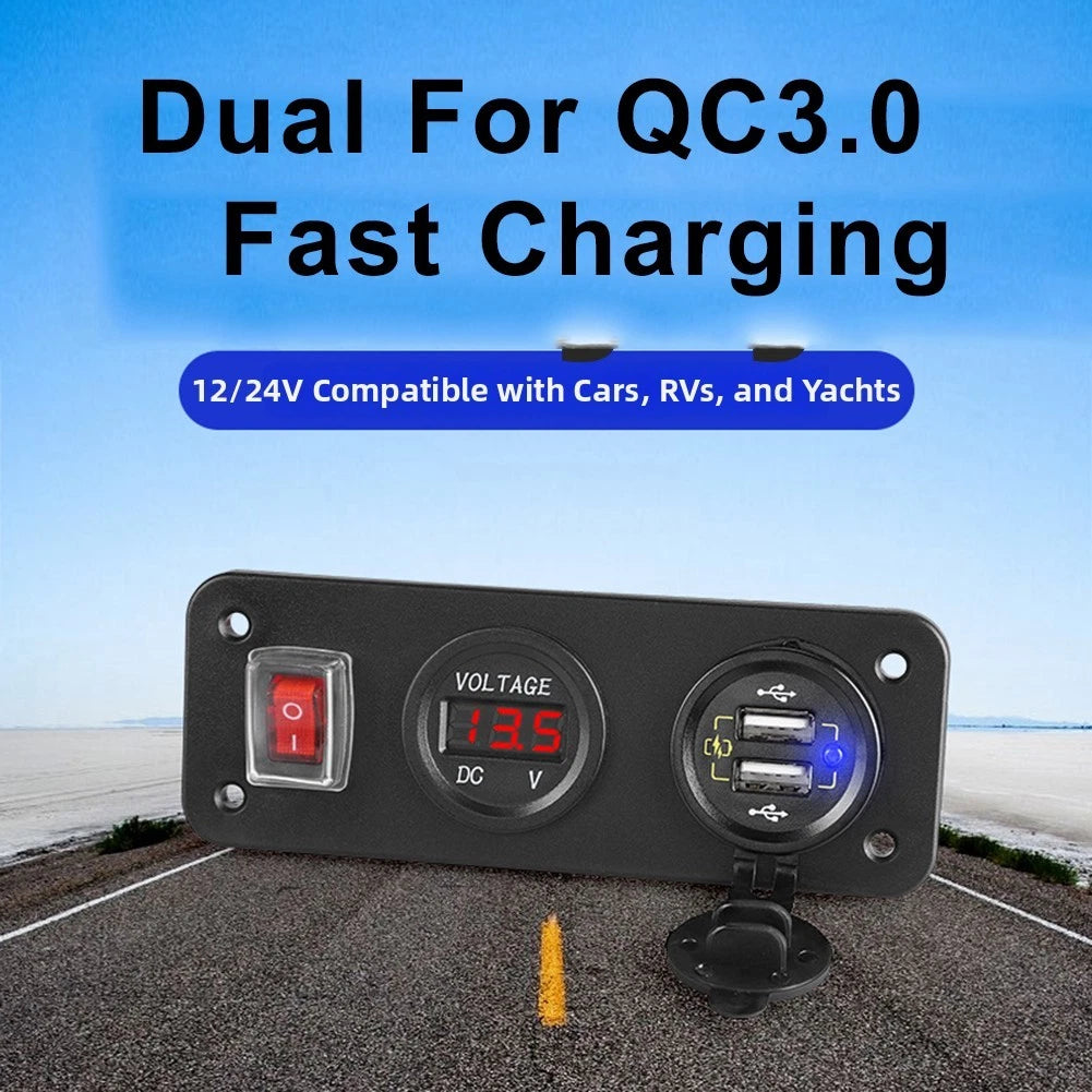 USB Charger Panel with LED Voltmeter for 12V 24V Automotive Use