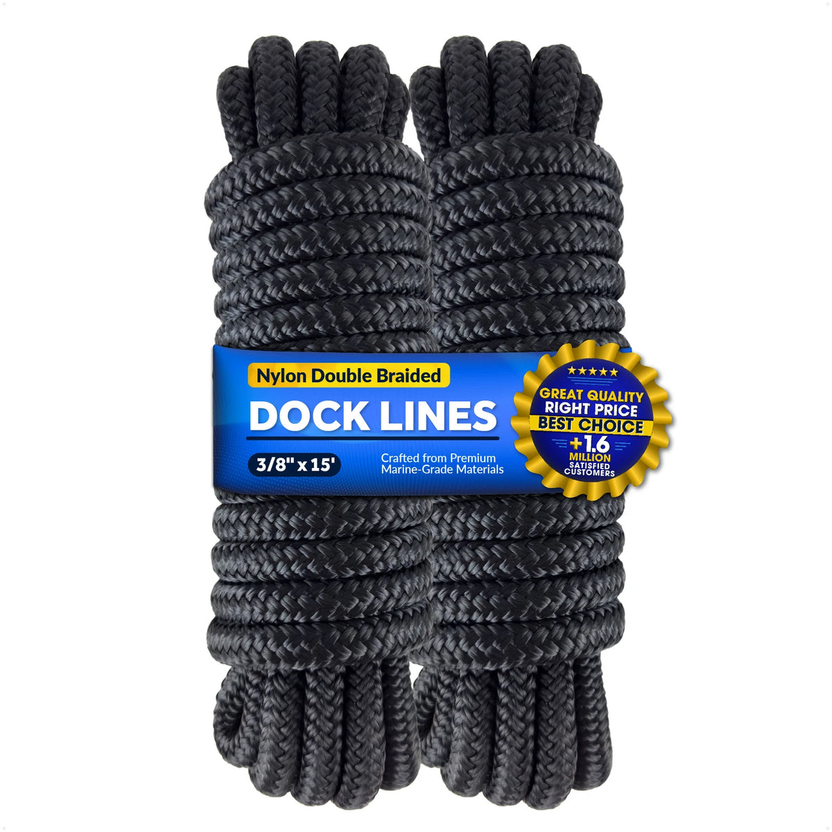 Dock Lines 2 Pack for Marine Boat (3/8 Inch x 15 Feet) Black