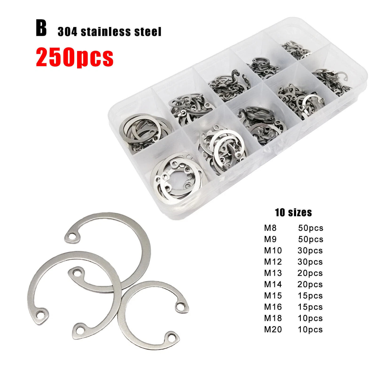 Set of 250 M8-M24 Shaft Retaining Clip Snap Ring C Type Internal Circlip