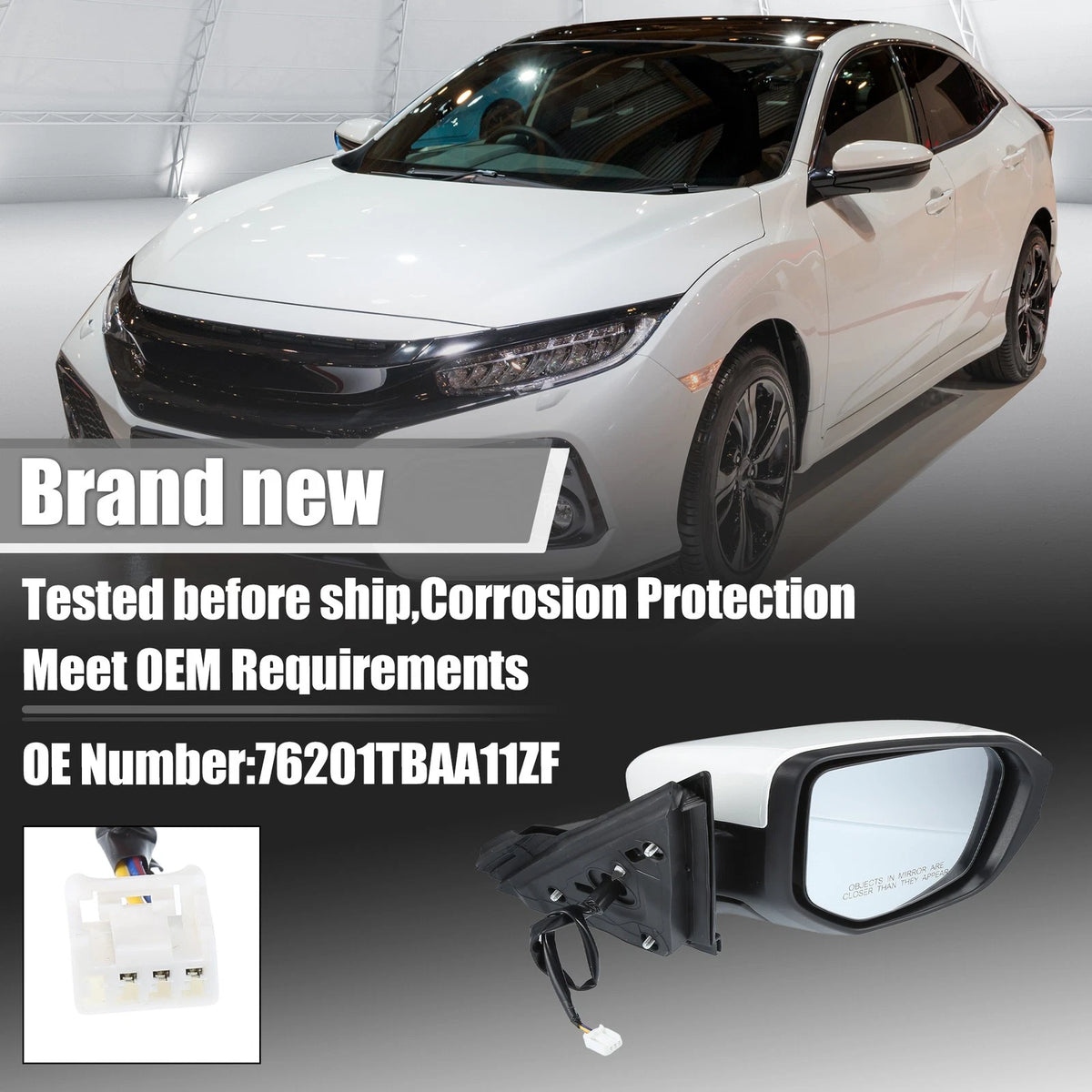 3 Pin Right Side Door Mirror Assembly Black for Honda Civic (2016–2021)