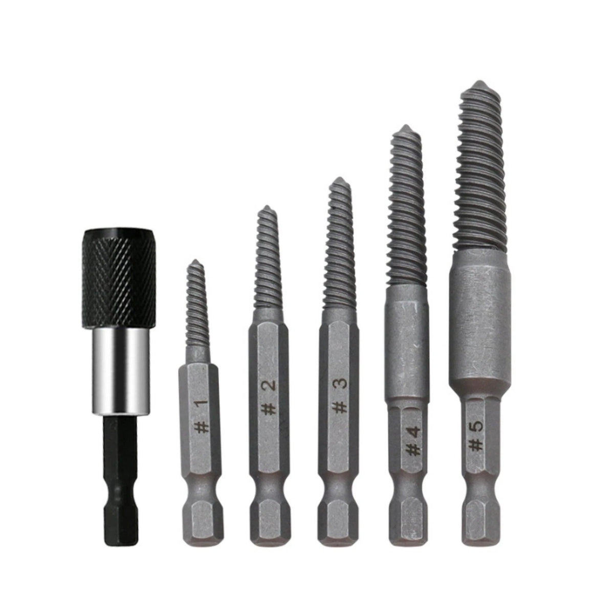 Stud Screw Extractor Remover Set for Hex Shank Design 5-7mm (#1), 6-8mm (#2)