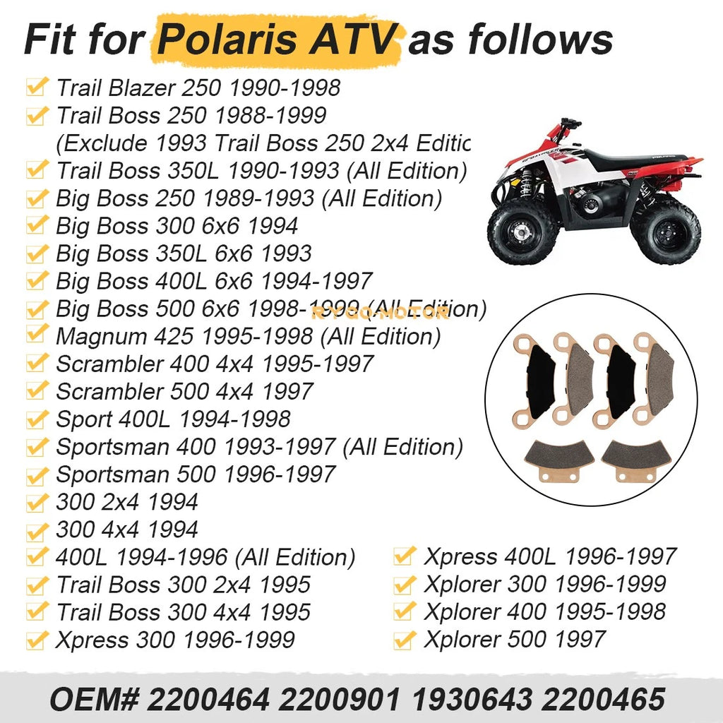 Front & Rear Brake Pads for Polaris Big Boss 250 300 350L 400L 500 4x6 6x6 (1989–1999)