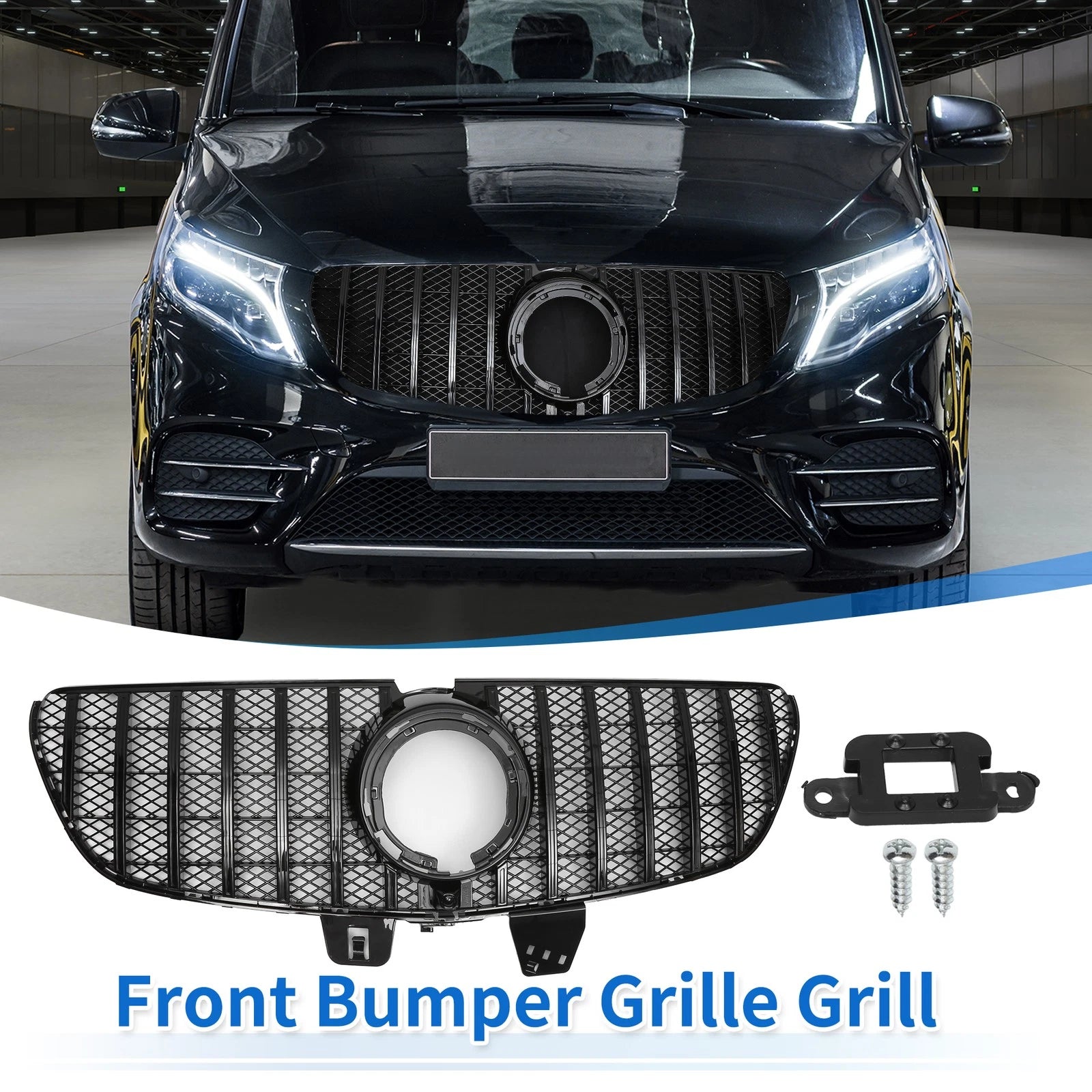 Front Upper Bumper Grille Grill for Mercedes-Benz V-Class 2020–2024 Glossy Black