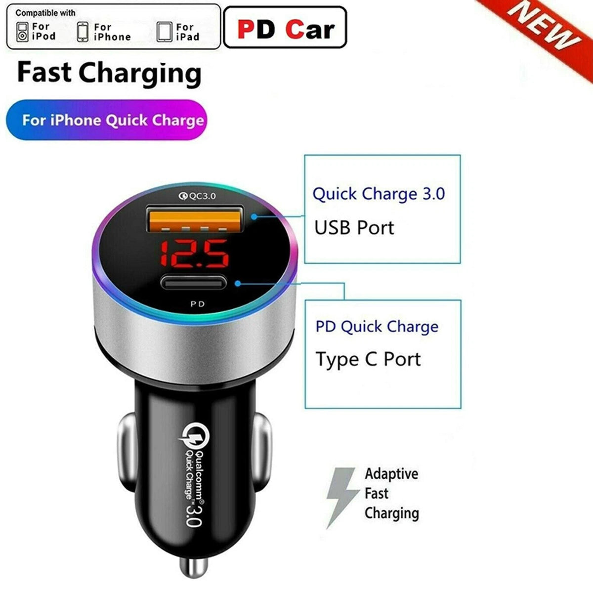 USB PD QC3.0 Fast Car Charger for DC12V-24V Vehicles (Type-C, Digital Display)