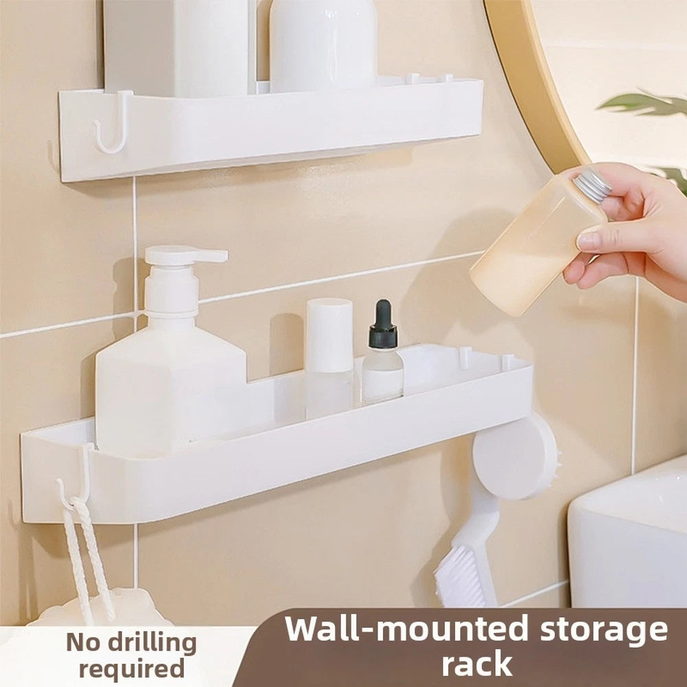 Wall Mounted Shelf for Bathroom with 4 Hooks (No Drill)