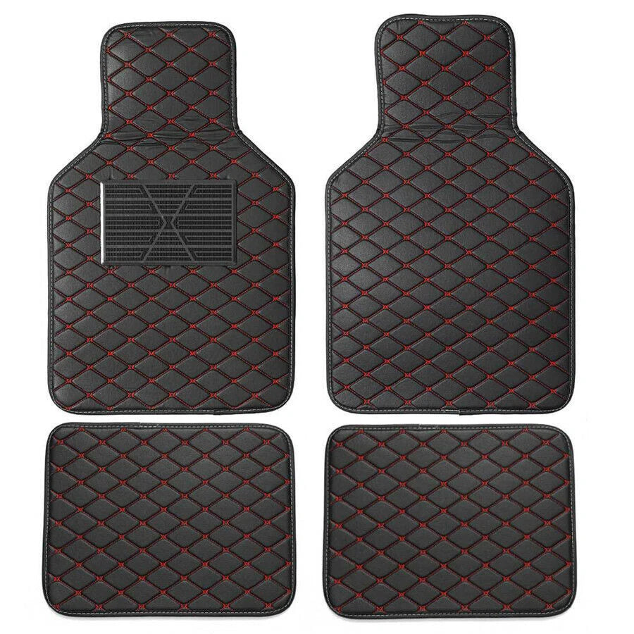 Set of 4 PU Leather Floor Mats for Car (Front & Rear) - Black with Red Stitching