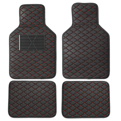 Set of 4 PU Leather Floor Mats for Car (Front & Rear) - Black with Red Stitching