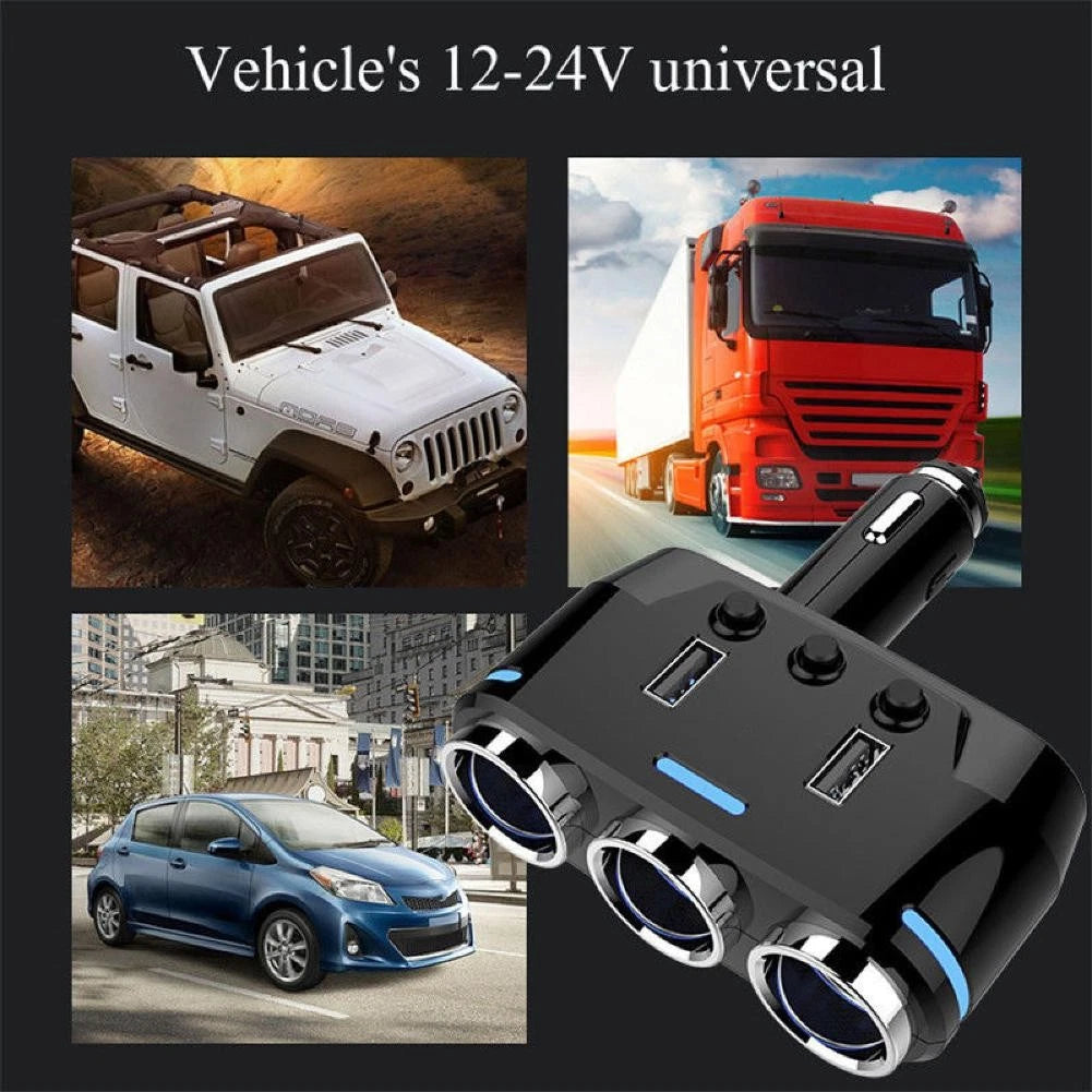 3-Way 12V Dual USB Car Charger Adapter for Universal Vehicles