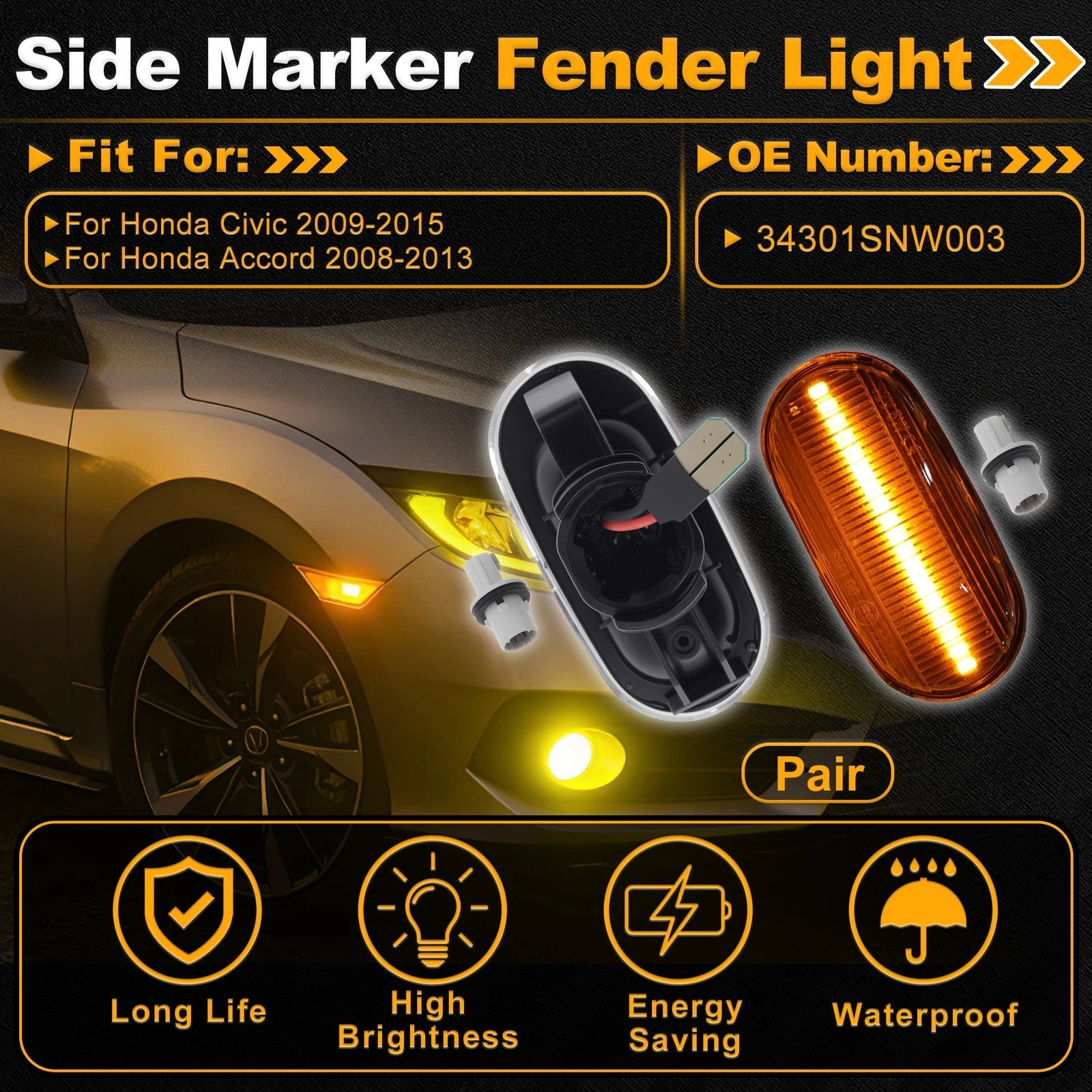 Side Marker Fender Light Front Left Replacement for Honda Civic (2009–2015)