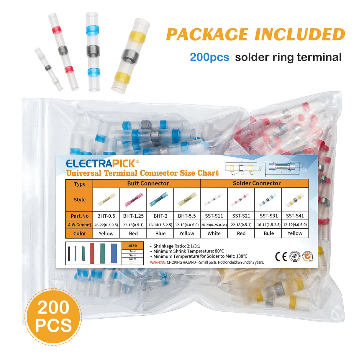 200PCS Waterproof Heat Shrink Butt Wire Connectors Terminals