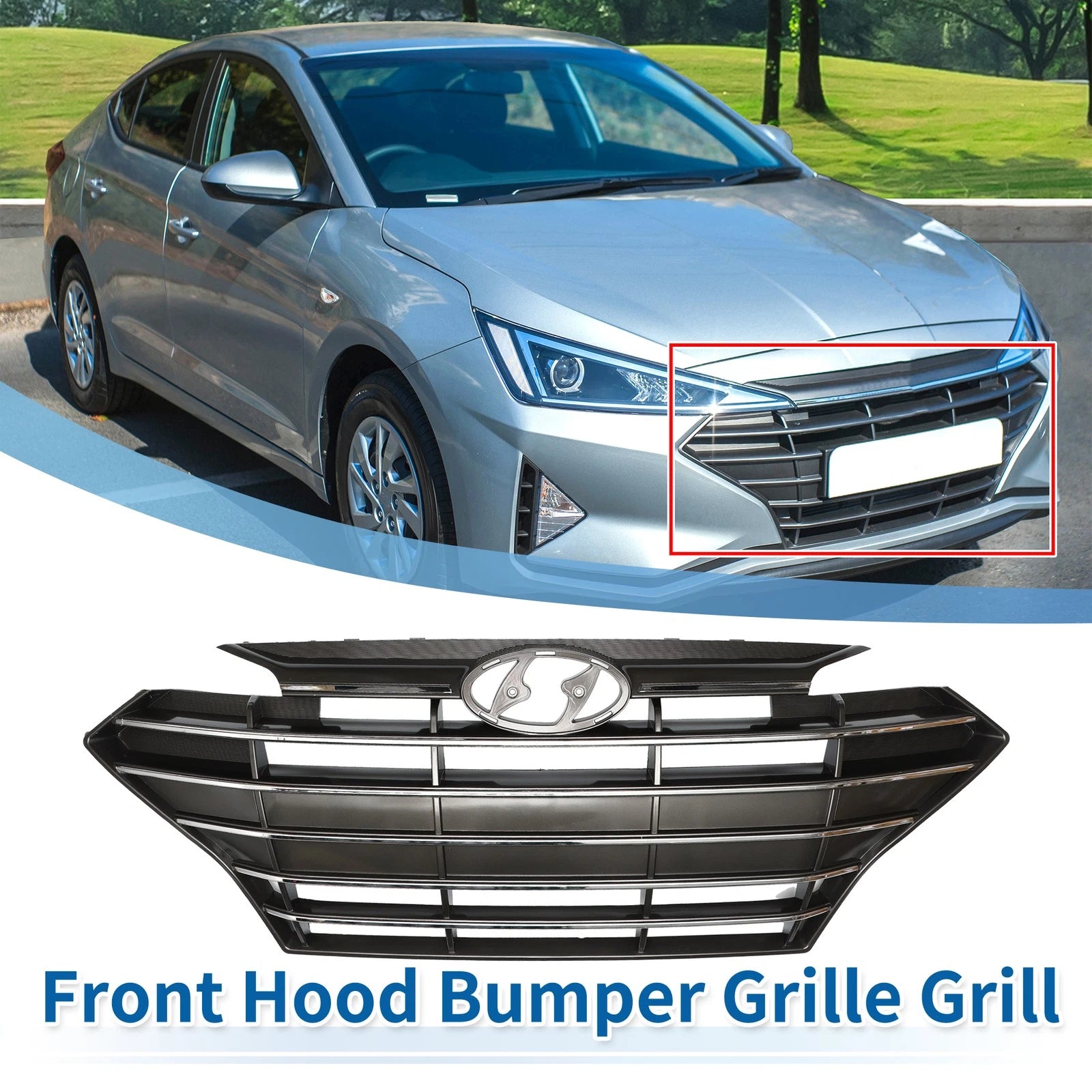 Front Upper Bumper Grille for Hyundai Elantra 2019–2020 Black Chrome