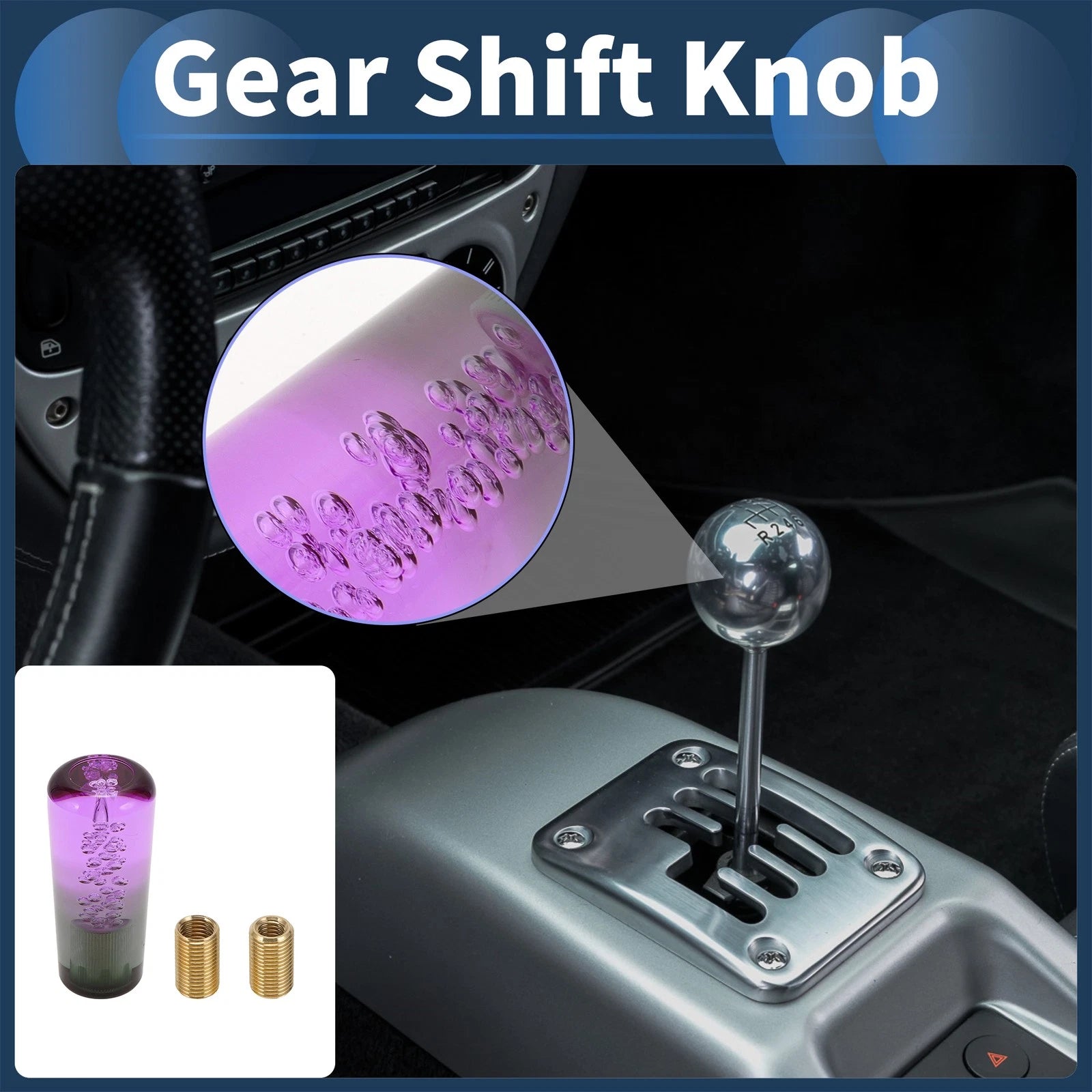 Round Crystal Gear Shift Knob with 2 Adapters for Universal Fit (10cm)