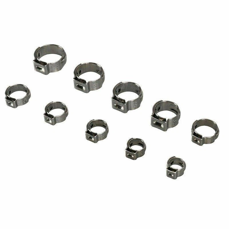 25Pcs Stepless Single Ear Hose Clamps 5.3-16.6mm Stainless Steel