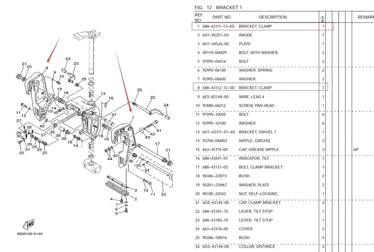 Bracket Kit 688-43111-13-4D & 688-43112-12-4D for Yamaha Outboard (60-90HP)