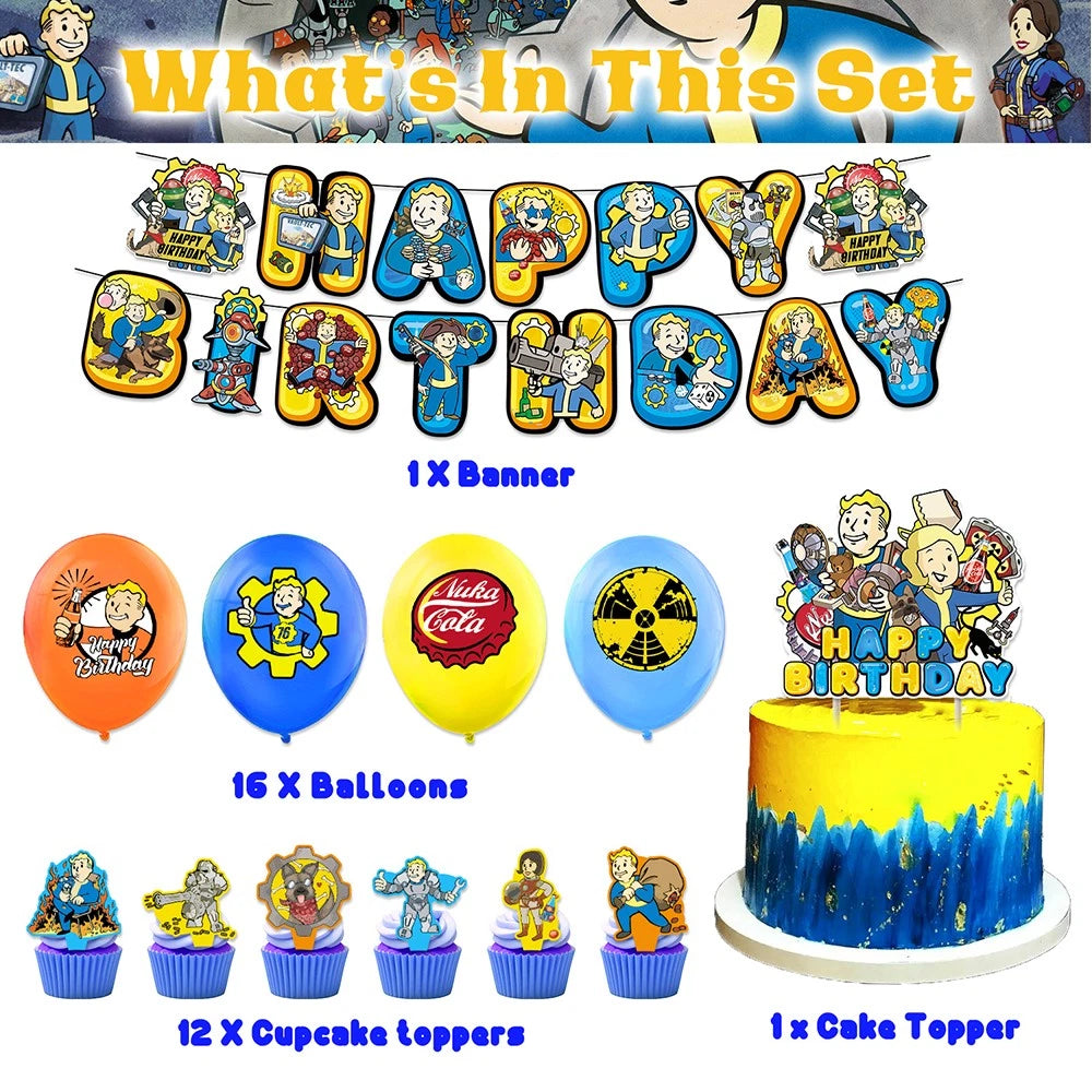30pcs Fallout Birthday Party Supplies Include a Banner, Balloons, Cake Toppers