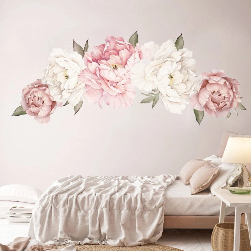 Peony Pink Rose Blossom Wall Stickers for Home Bedroom Decor
