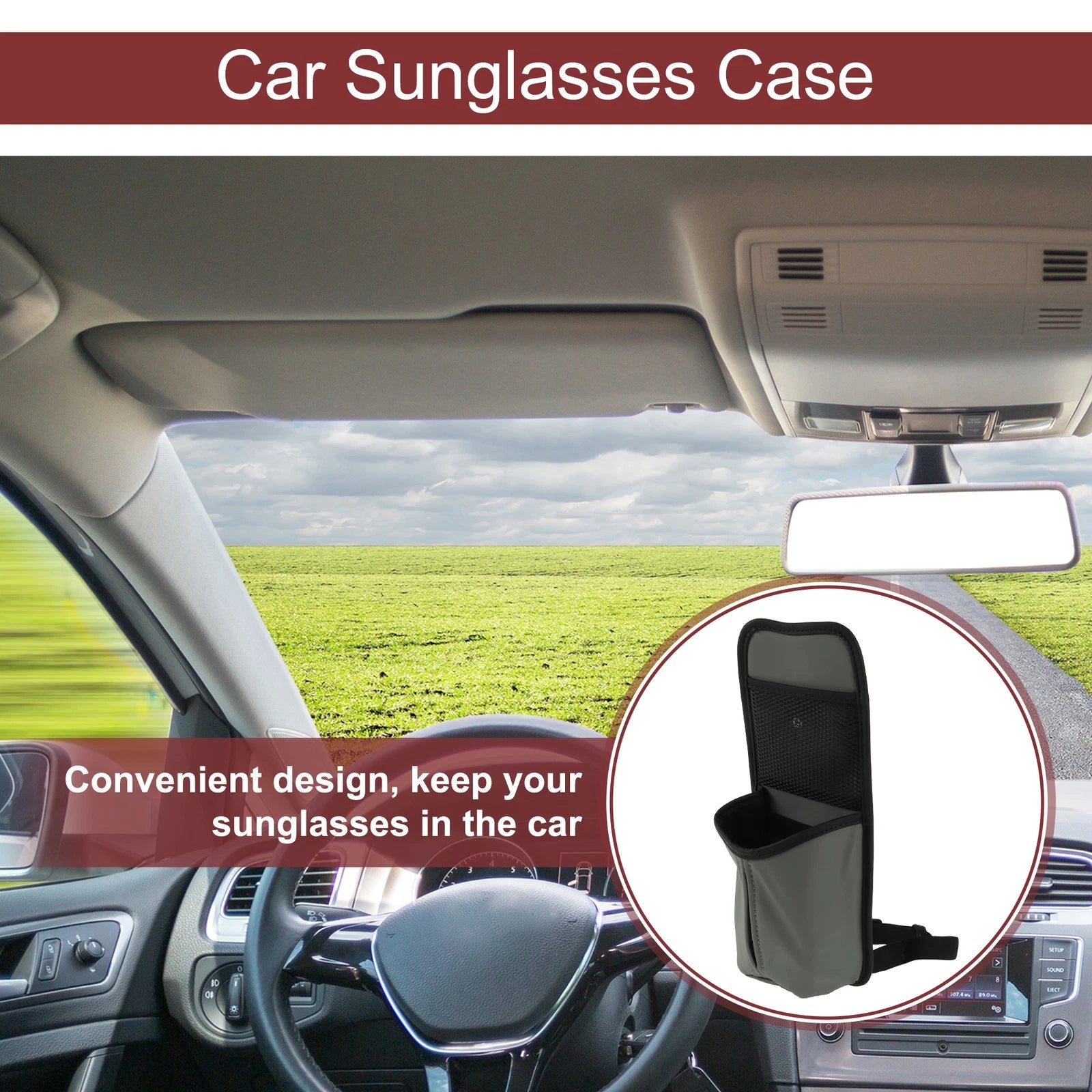 Sunglasses Holder for Universal Fit (PU Leather, Fixed Belt, Gray)