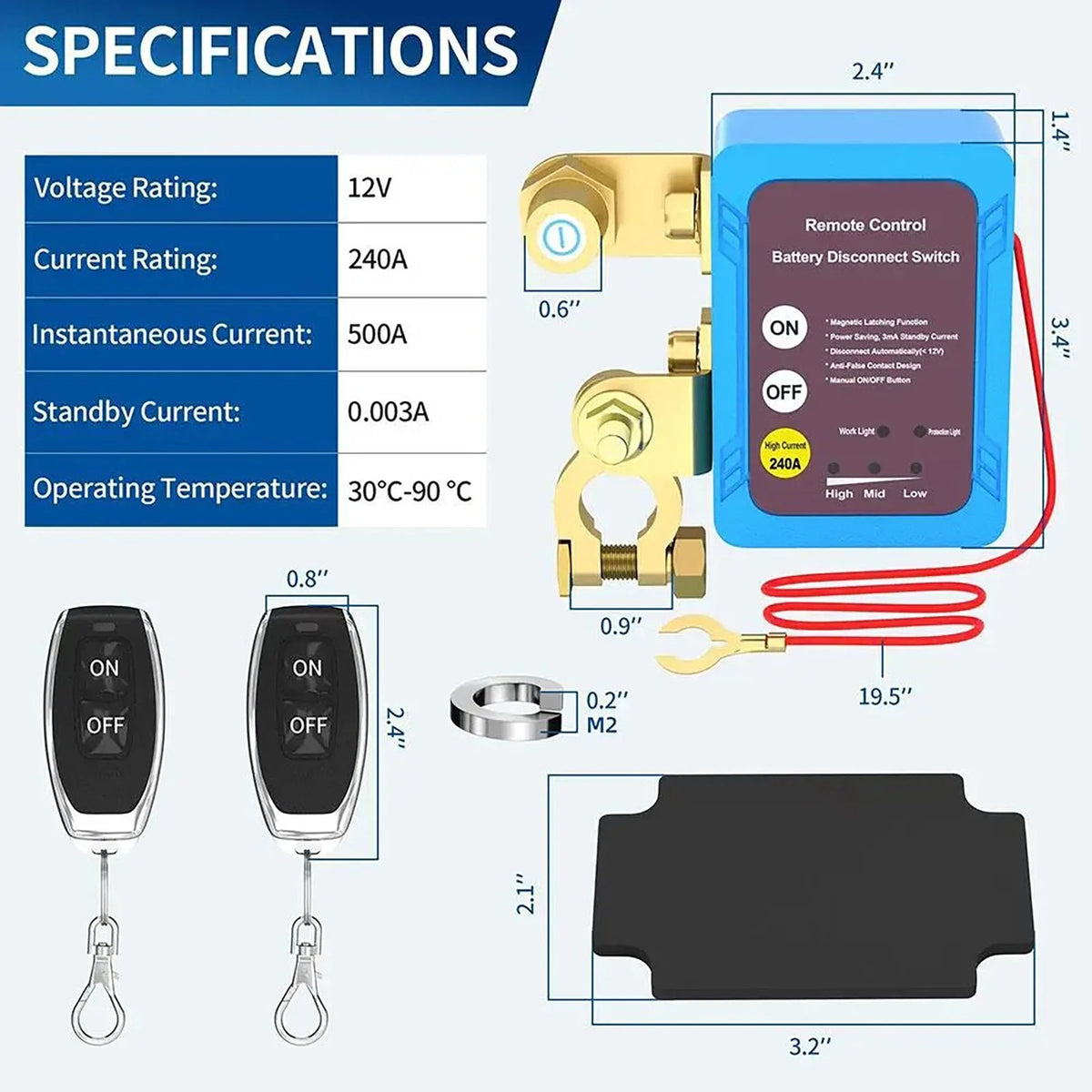 Set of 1 Remote Battery Disconnect Switch for Auto RV ATV (12V 240A)