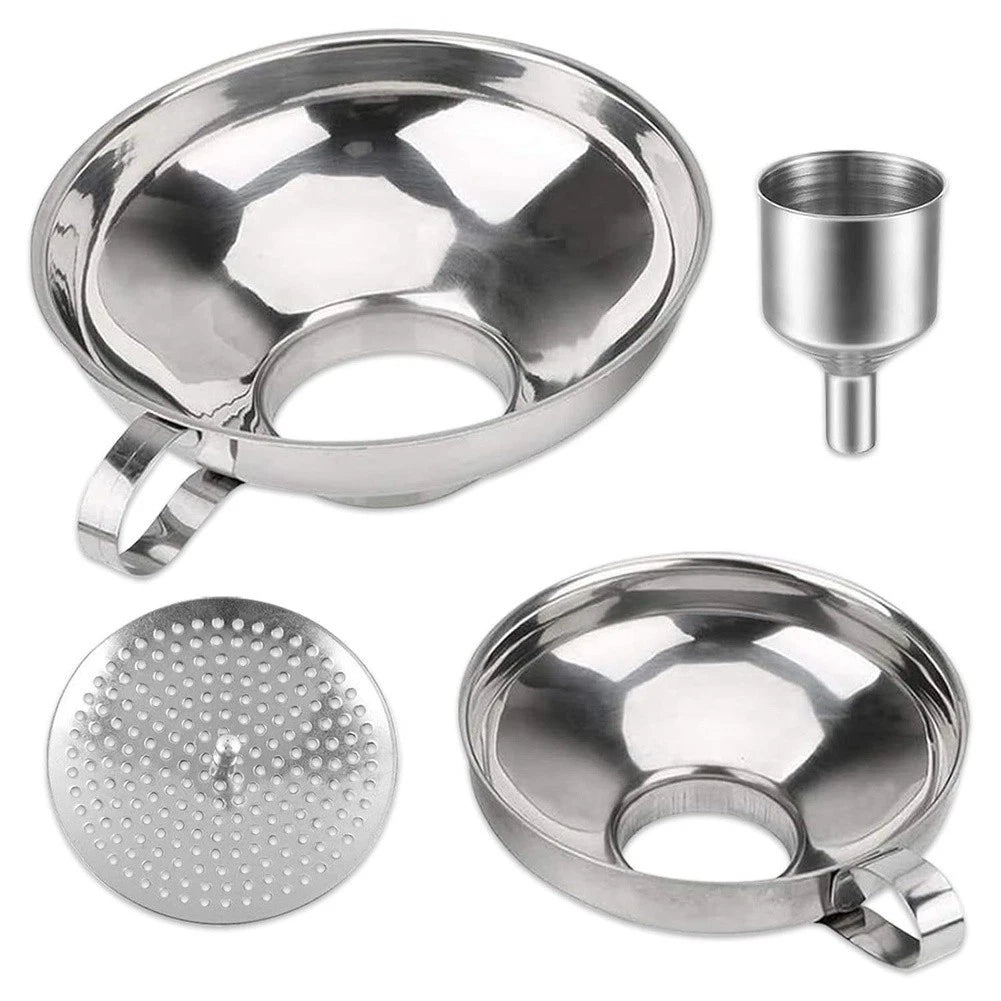 4 Piece Funnel Set for Kitchen Use with Wide Mouth and Strainer