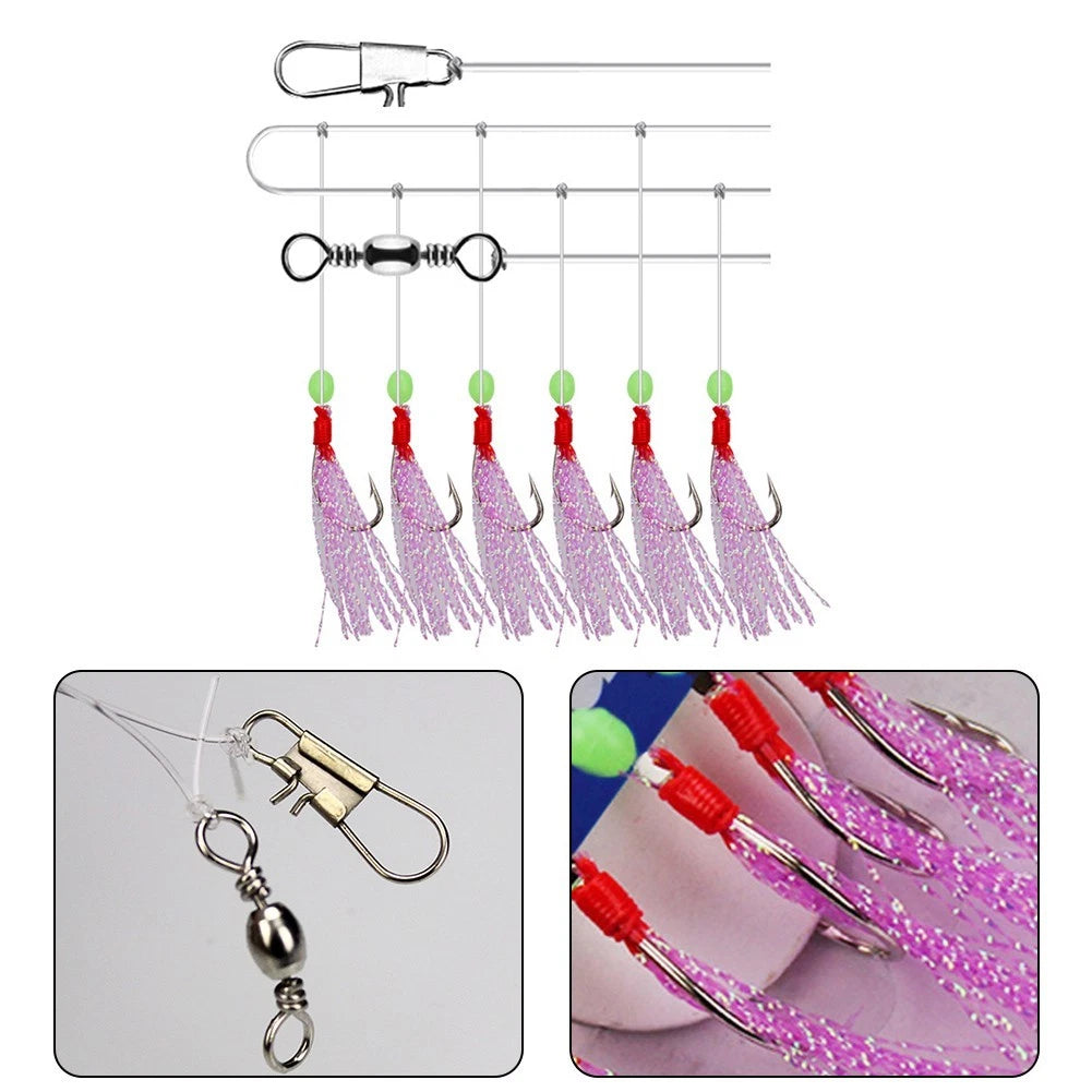 Fishing Hooks Luminous String Set of 6 - Colourful Tackle