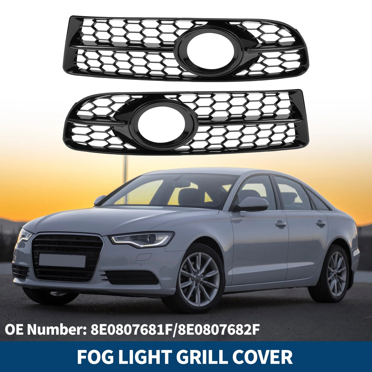1 Pair Front Fog Light Grill for Audi A4 B7 S4 (2005–2008) No. 8E0807681F/8E0807682F Black