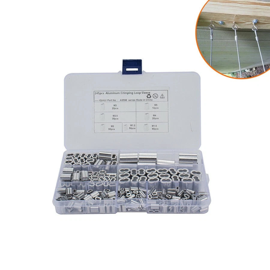 245Pcs 7 Size Aluminum Crimping Loop Sleeve Kit For Wire Rope And Cable Line End