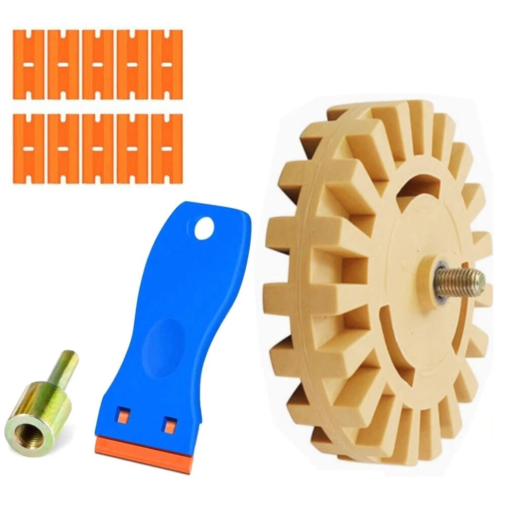 Rubber Wheel Kit for Drill with Car Sticker Removal Tools and Plastic Blades