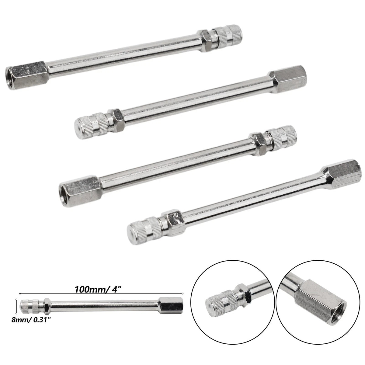 Set of 4 Tyre Valve Extension Rods for Auto Car (Portable, Silver Tone)