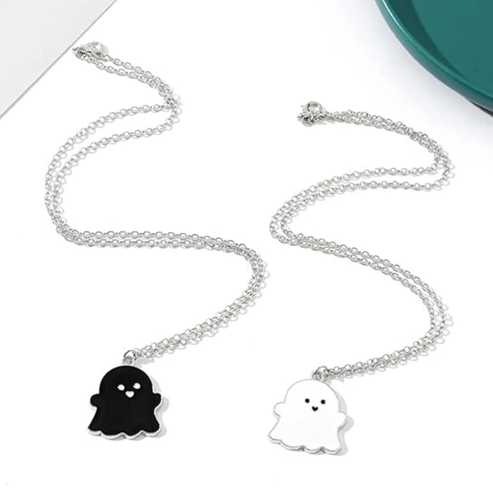 2pcs Couple Cute Black and White Ghost Pendant Necklaces for Women Men