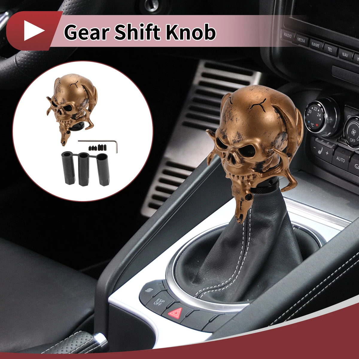 Shift Knob Set of 1 for Universal Vehicles (10cm, Skull, Resin, Copper Tone)