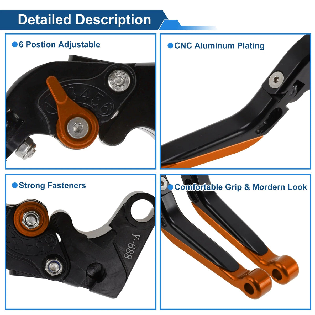 Short/Long Brake Clutch Levers for Yamaha YZF-R1 (2004–2008) Black/Orange