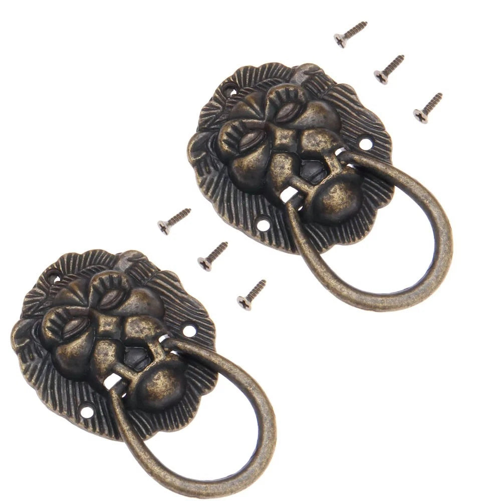 2Pcs 4066mm Vintage Lion Head Door Pull Handle Drawer Knob Ring Cabinet Pulls