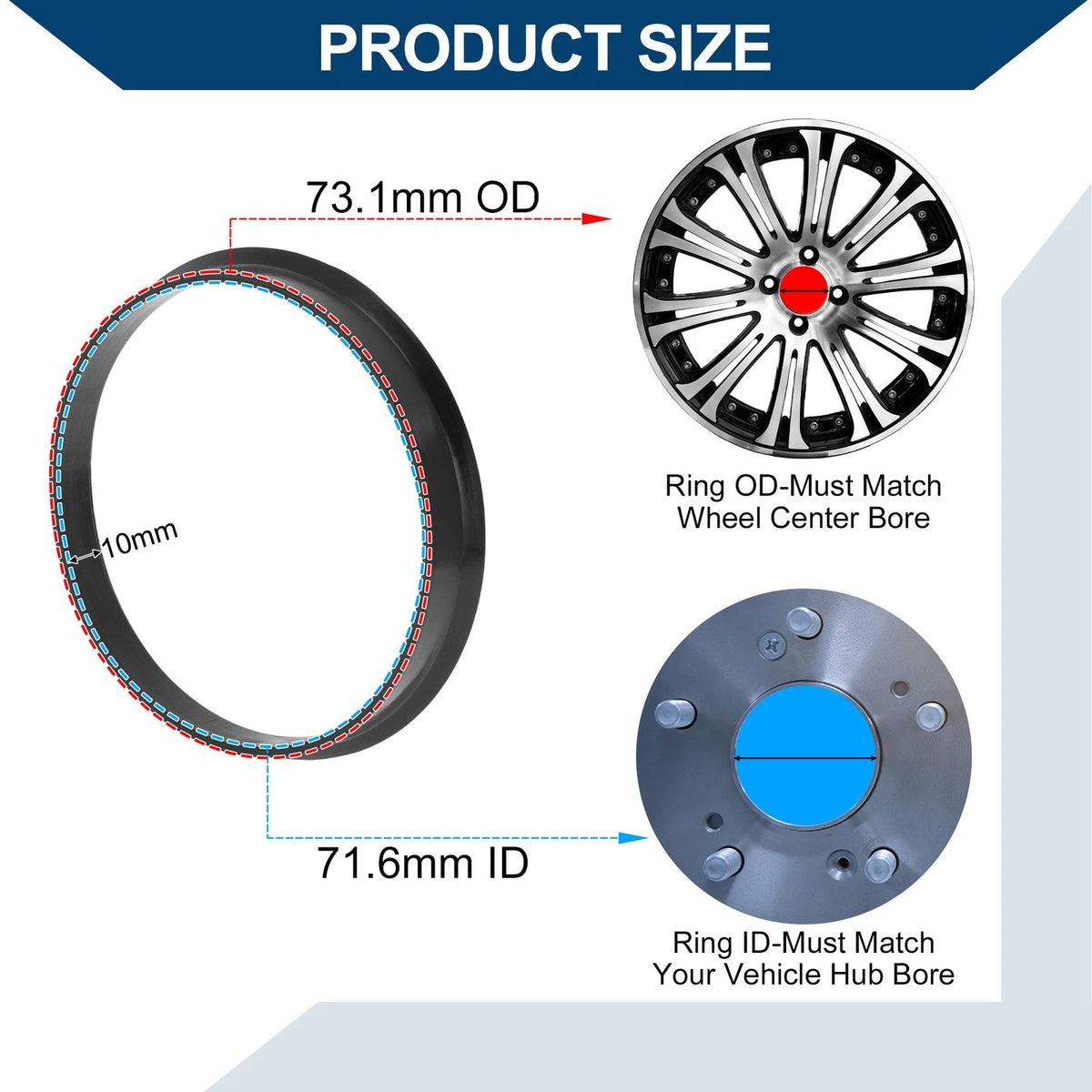 Set of 2 Wheel Hub Centric Rings for Car (OD 73.1mm ID 71.6mm) Black Polycarbonate