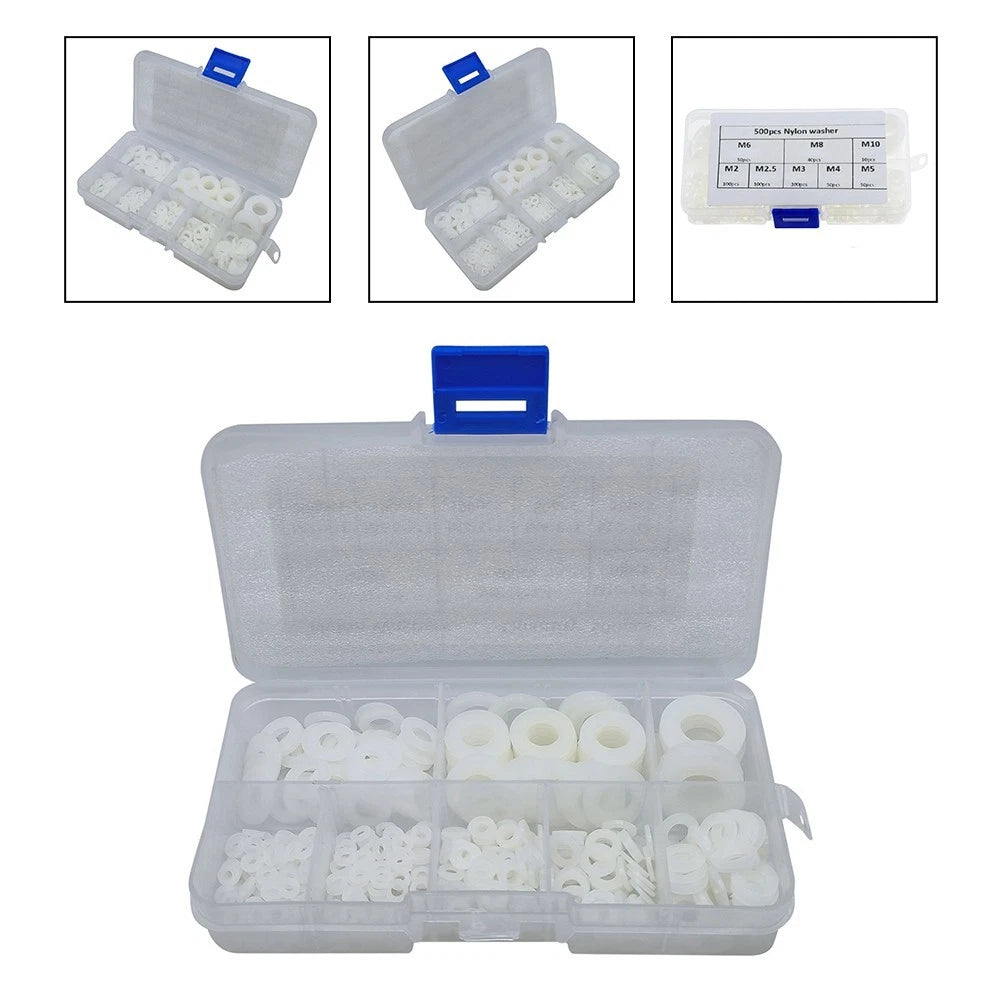 500pcs Nylon Washers Set 8 Sizes in Organizer Box