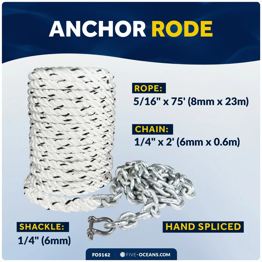 Anchor Rode 5/16" x 75' Rope with 1/4" x 2' Galvanized Chain