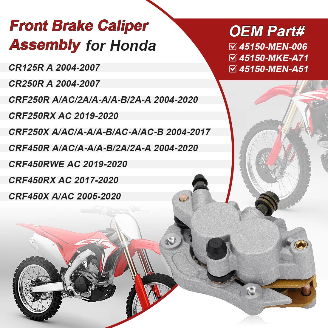 Front Brake Caliper w/Pads for Honda CRF250 CRF250R CRF250RX CRF250X (2004–2020)