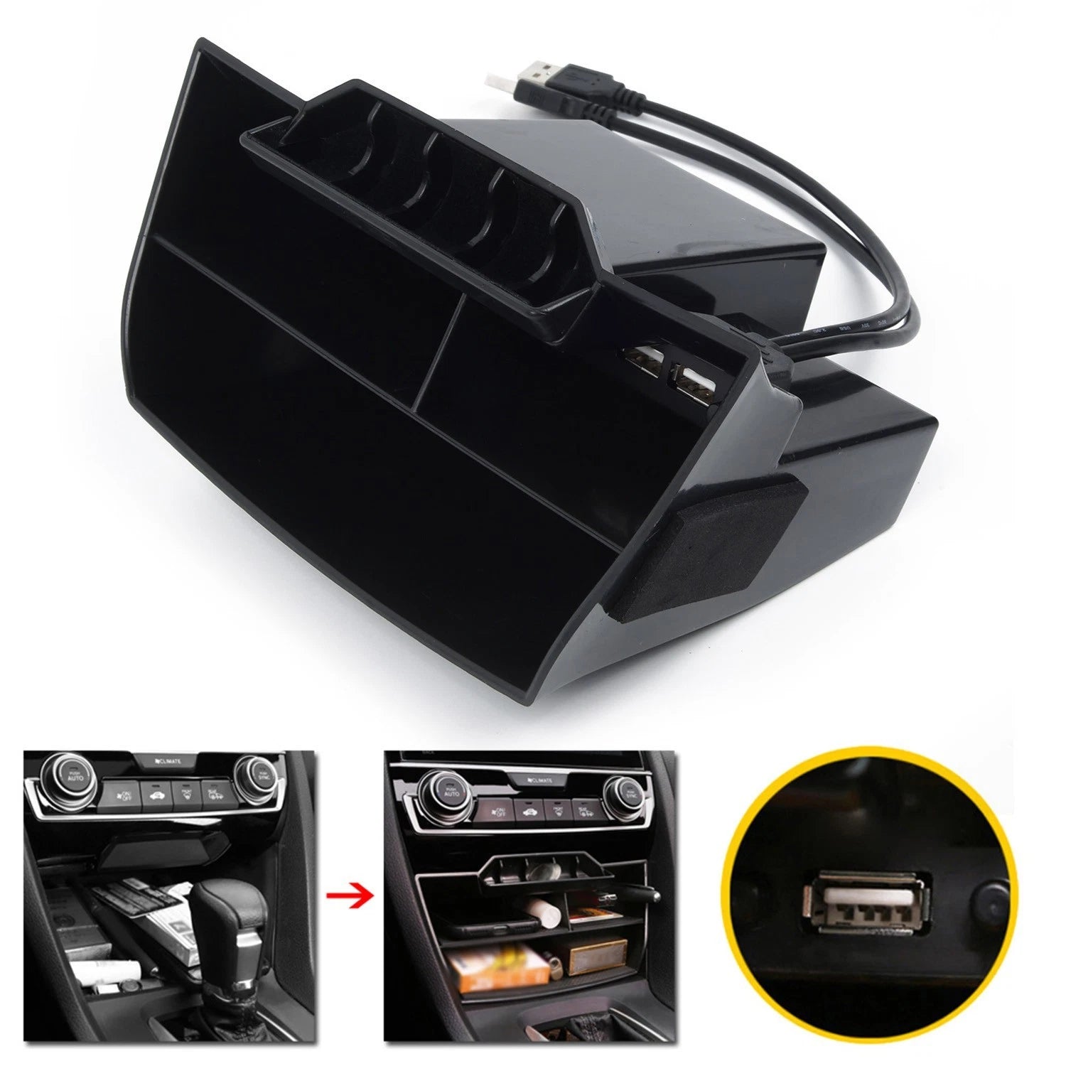 Inner Console Storage Box for Civic 10th (2016–2019) Black ABS