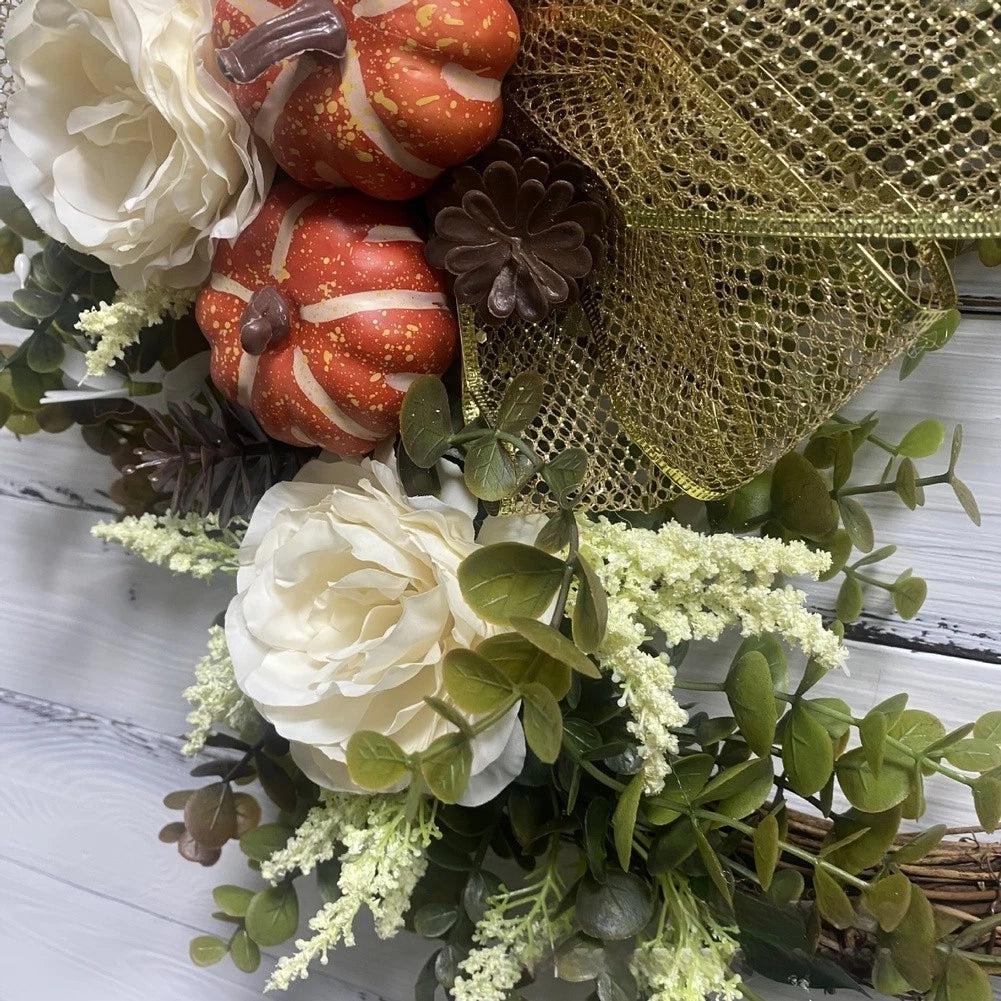 Orange Fall Wreath 45cm with Pumpkin Maple Leaf and Eucalyptus