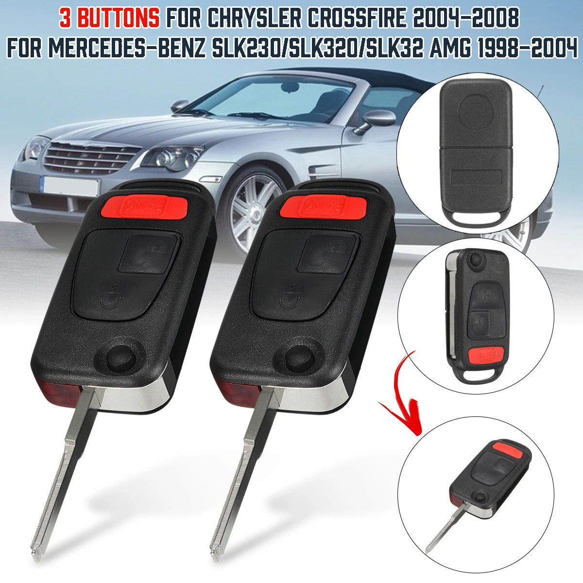 2X Key Remote FOB Case 3 Button for Chrysler Crossfire (2004–2008)