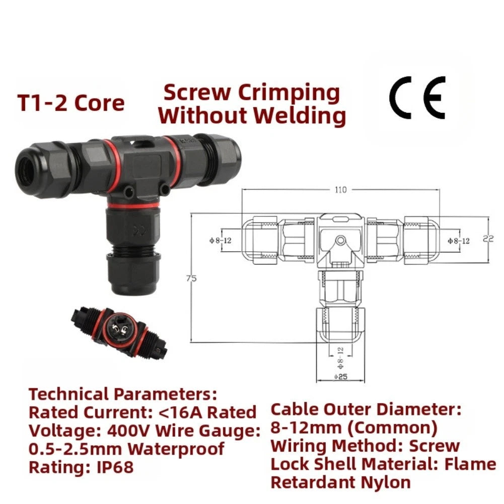 3Pin Waterproof IP68 T-Shape Cable Connector for Outdoor Lighting
