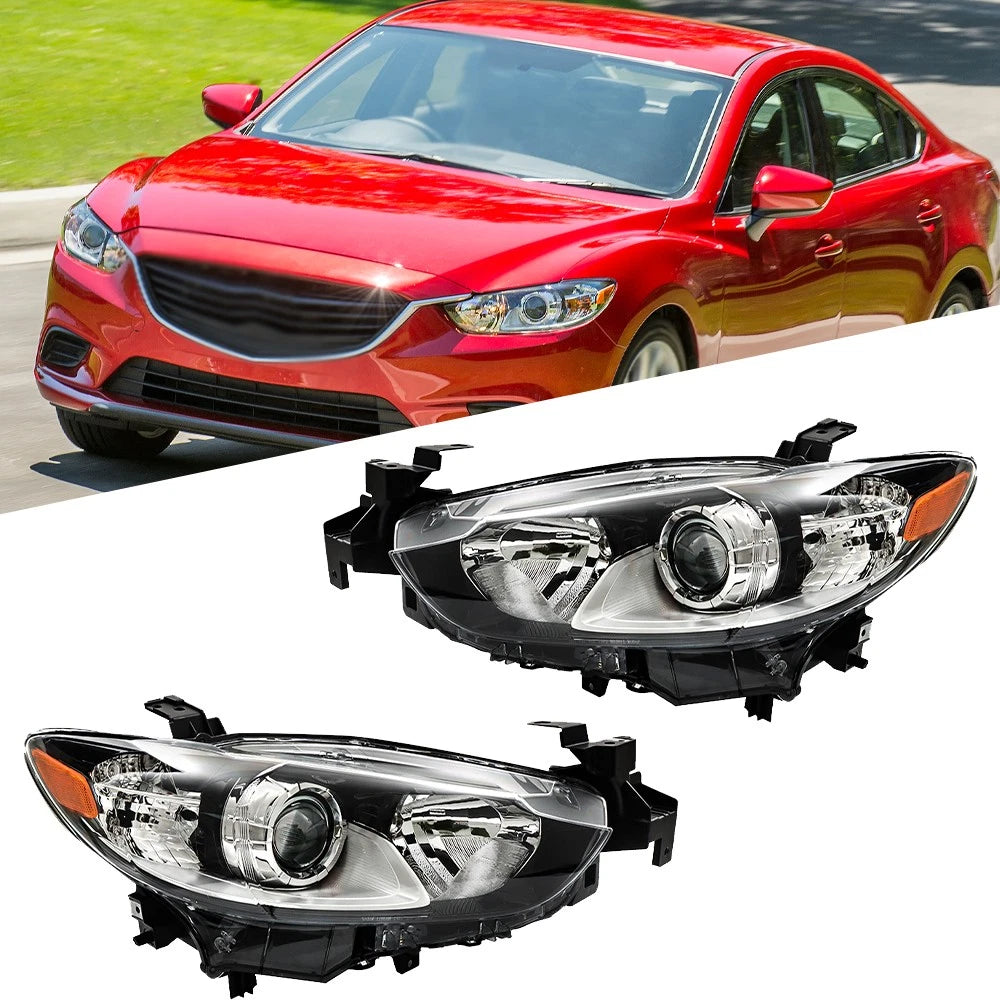 Headlight Assembly for Mazda 6 (2014–2017) Right + Left Halogen Black Housing
